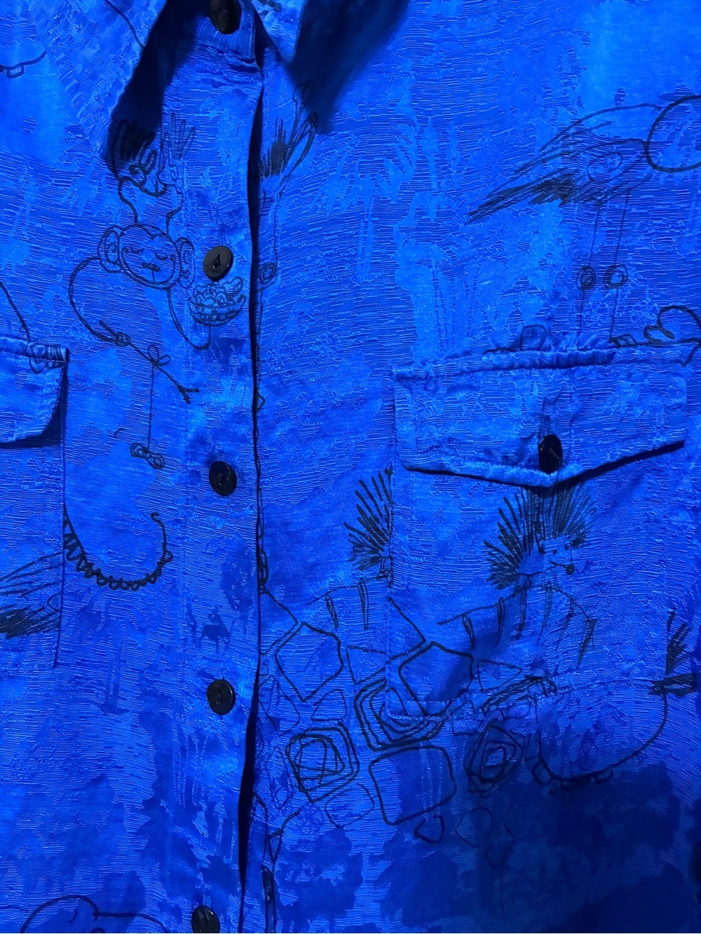 Chico’s VTG Silk Button Down Blouse Jungle Creatures Women XL Royal Blue Art - Picture 3 of 6